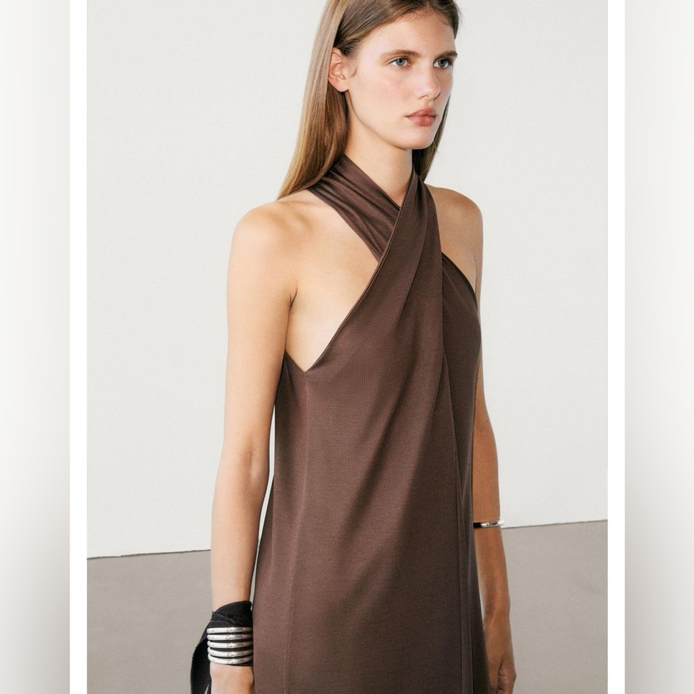 MASSIMO DUTTI BROWN CROSSOVER HALTERNECK MIDI DRESS ✨ - Picture 2 of 5